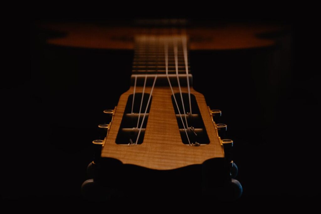 selective focus photograph of guitar headstock